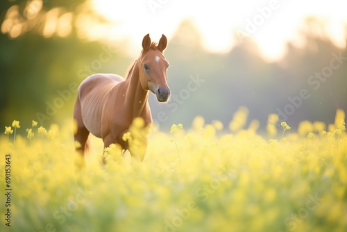 sorrel horse in a patch of buttercups during golden hour