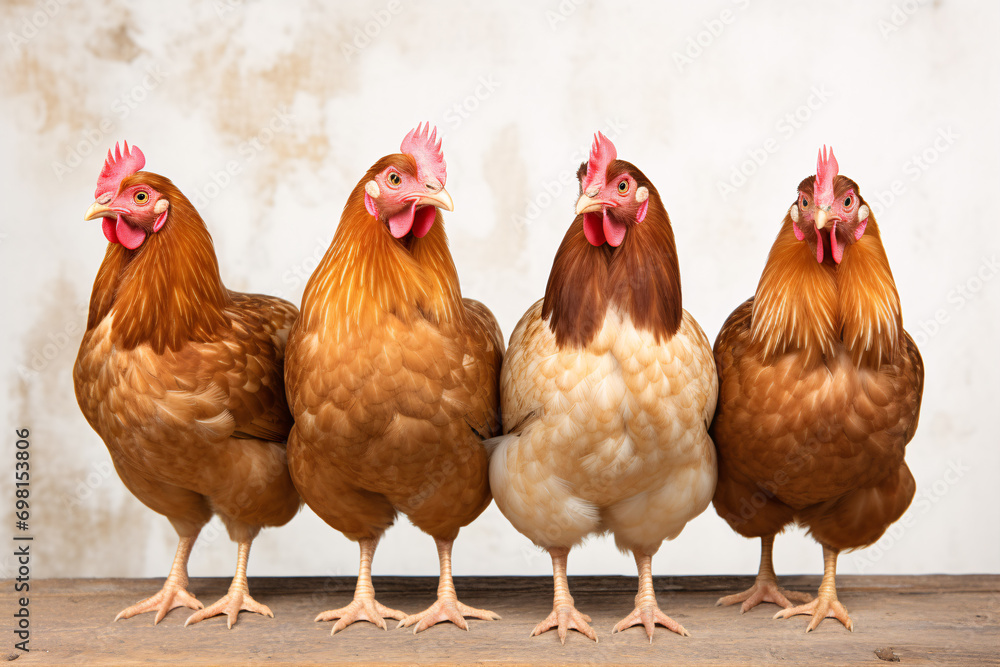 Fototapeta premium Farmers' hens perch alone on a wall backdrop, illustrating the concept of egg-laying.