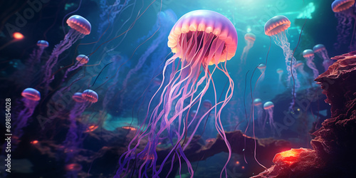 glowing jellyfish deep underwater among corals, beautiful underwater world © Oleksandr