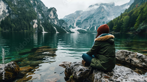 Back view of a girl traveler sitting on a stone shore by a lake against the background of mountains in a warm hat and autumn jacket. Travel time.