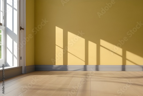 Empty room, with yellow walls and wooden floor.