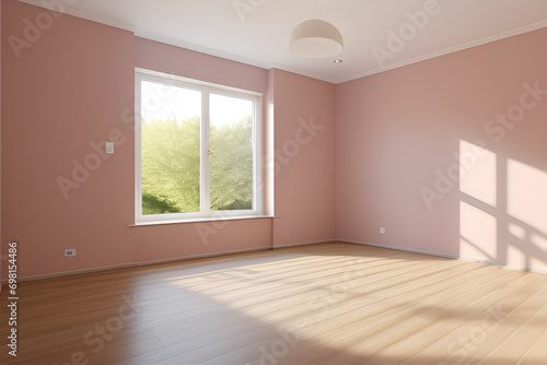 Empty room  with pink walls and wooden floor.