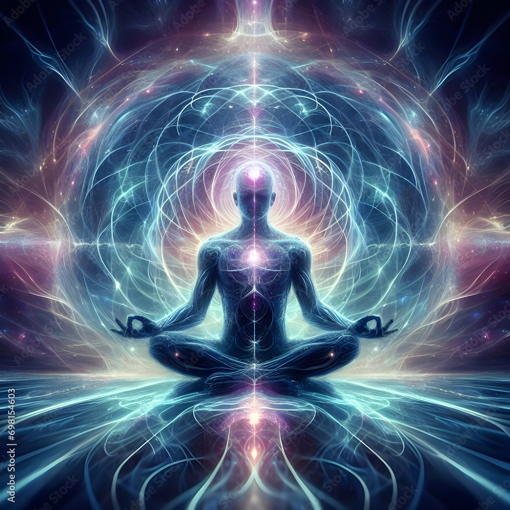A person in deep meditation, surrounded by psychic waves emanating from their mind.