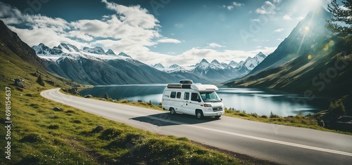 Camper parked at mountains in background. Ai generative.
 photo
