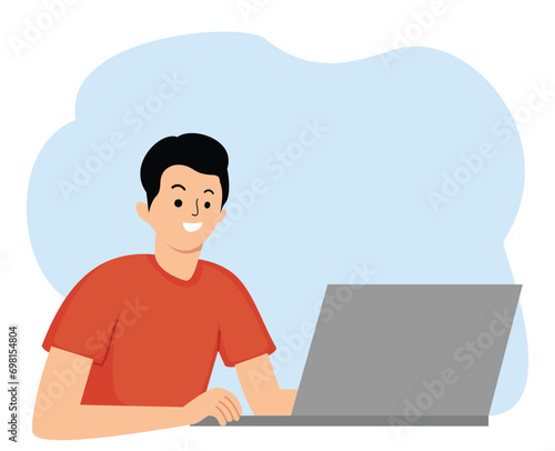 young man typing using laptop or young man working on laptop at home office