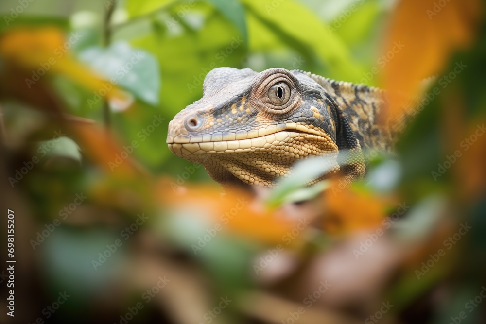 monitor lizard camouflaged among tree foliage monitor lizard camouflaged among tree foliage