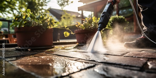 Thoroughly cleanse terrace using powerful water jet to remove grime from paving.