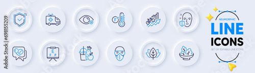 Shield, Medical drugs and Farsightedness line icons for web app. Pack of Juice, Salad, Organic tested pictogram icons. Vision board, Training results, Ambulance car signs. Neumorphic buttons. Vector
