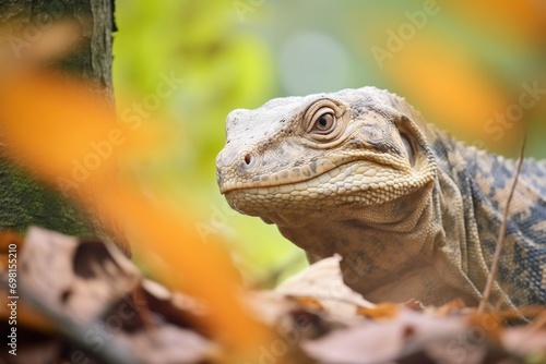 monitor lizard camouflaged among tree foliage © stickerside