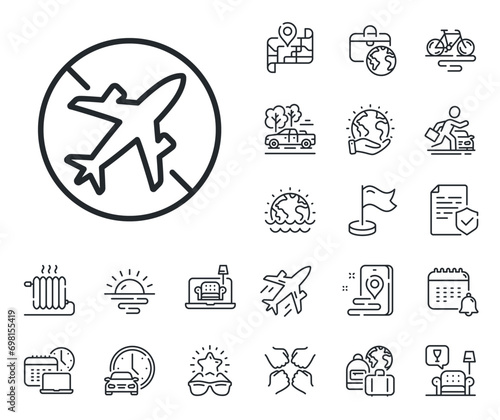 Cancel flight sign. Plane jet, travel map and baggage claim outline icons. Airplane mode line icon. Turn off mobile in plane symbol. Airplane mode line sign. Car rental, taxi transport icon. Vector