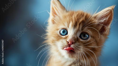 Amusing feline licks its mouth. Close-up of a white and red kitty with stunning azure gaze gazing forward. Adorable famished cat. Professional picture. Blank area for words.