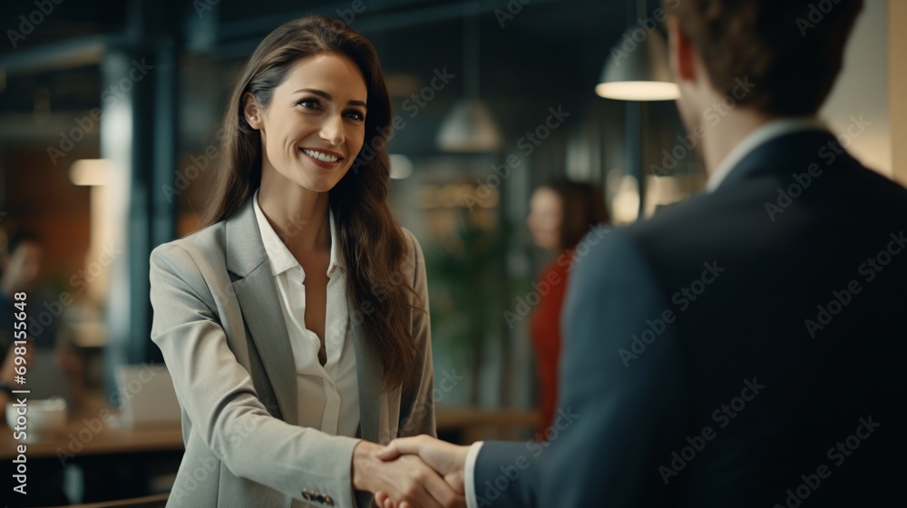 A joyful middle-aged businesswoman manager shaking hands with a client in the office, a smiling female executive successfully closing a deal with a partner at a meeting table.
