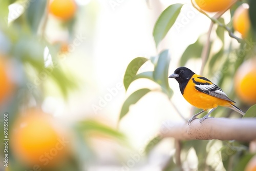 focused shot of oriole with blurred orange grove photo