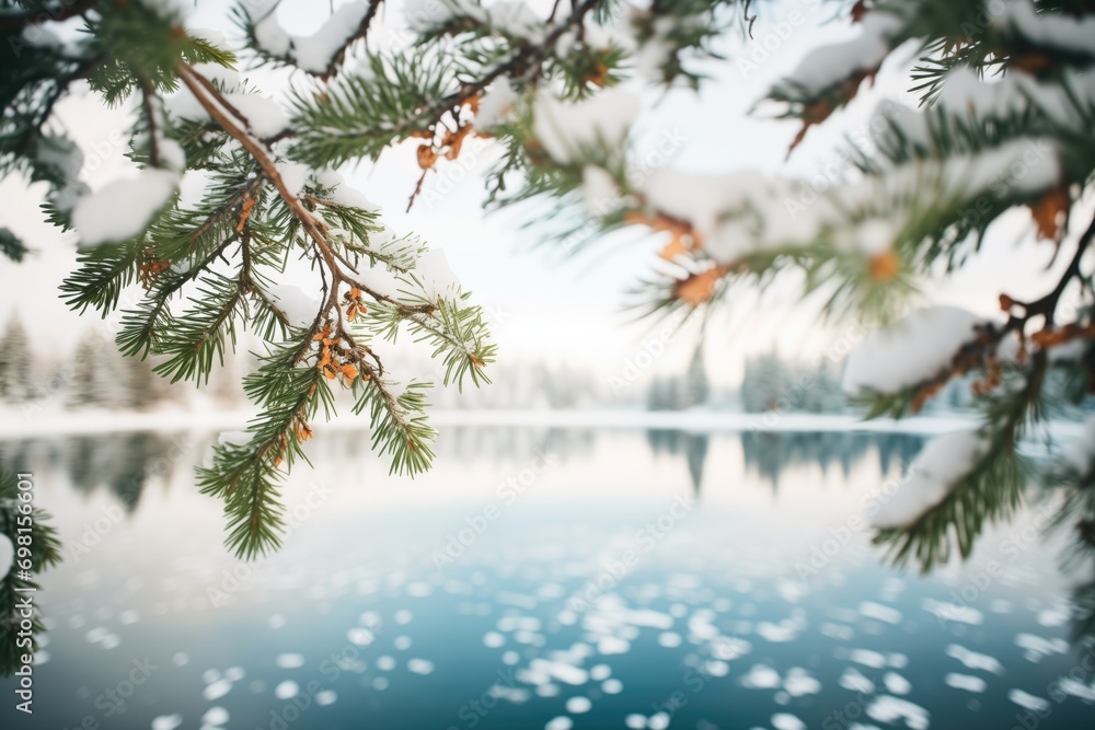 snowy pine branches framing a frozen lake in distance