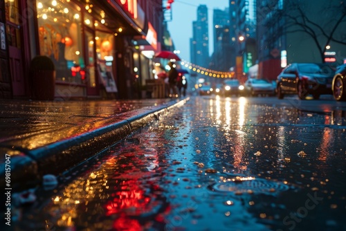 Rainy City Street at Night with Vibrant Lights Reflection