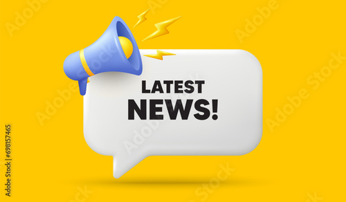 Latest news tag. 3d speech bubble banner with megaphone. Media newspaper sign. Daily information symbol. Latest news chat speech message. 3d offer talk box. Vector
