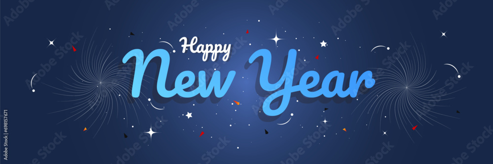 Happy new year handwriting lettering text concept firework sparkle element blue background