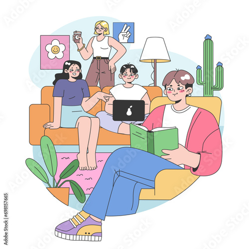Co-living. Friends or roommates living together. Characters hang out in dormitory or student apartment. Joint living and recreation in friends company. Flat vector illustration.