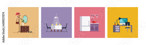 Interior Design House Room Furniture Item Vector Set