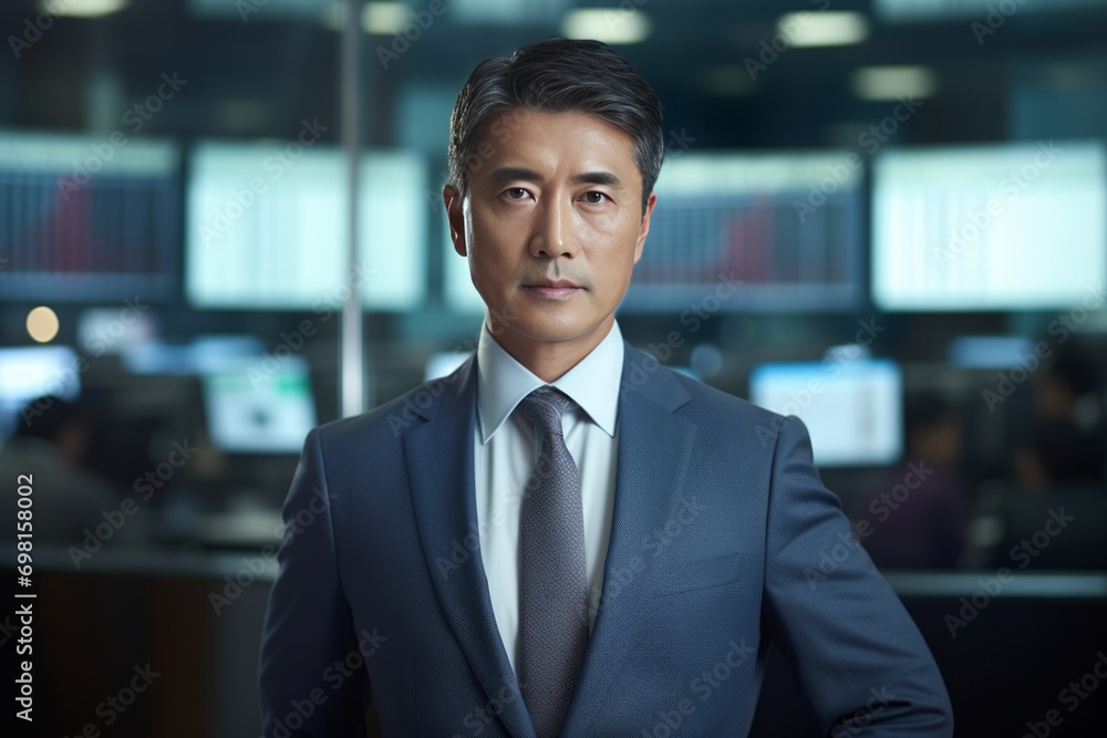 Concentrated serious Asian businessman portrait at financial stock market, money and business concept.
