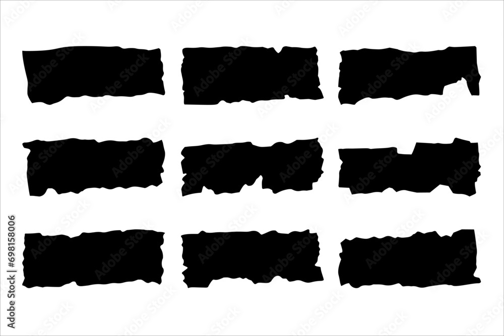 Set of vector icons of torn paper pieces. Various black rectangular jagged borders and frames Set of vector icons of torn paper pieces. Various black rectangular jagged borders and frames