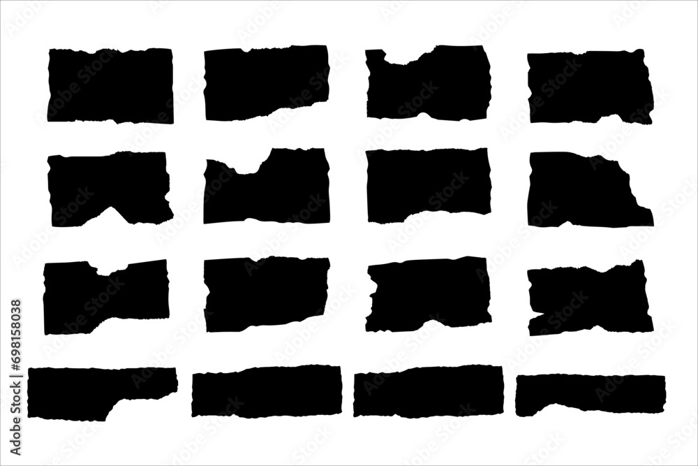 Jagged, ripped rectangles. Set of vector icons. Isolated black silhouettes of torn paper pieces - obrazy, fototapety, plakaty 