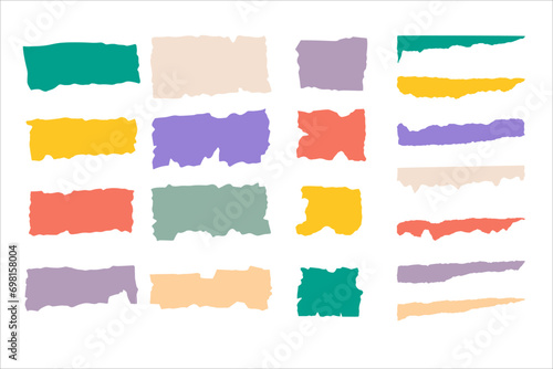 Colorful set of vector icons. Jagged paper pieces. Various torn and ribbed objects isolated on white backdrop