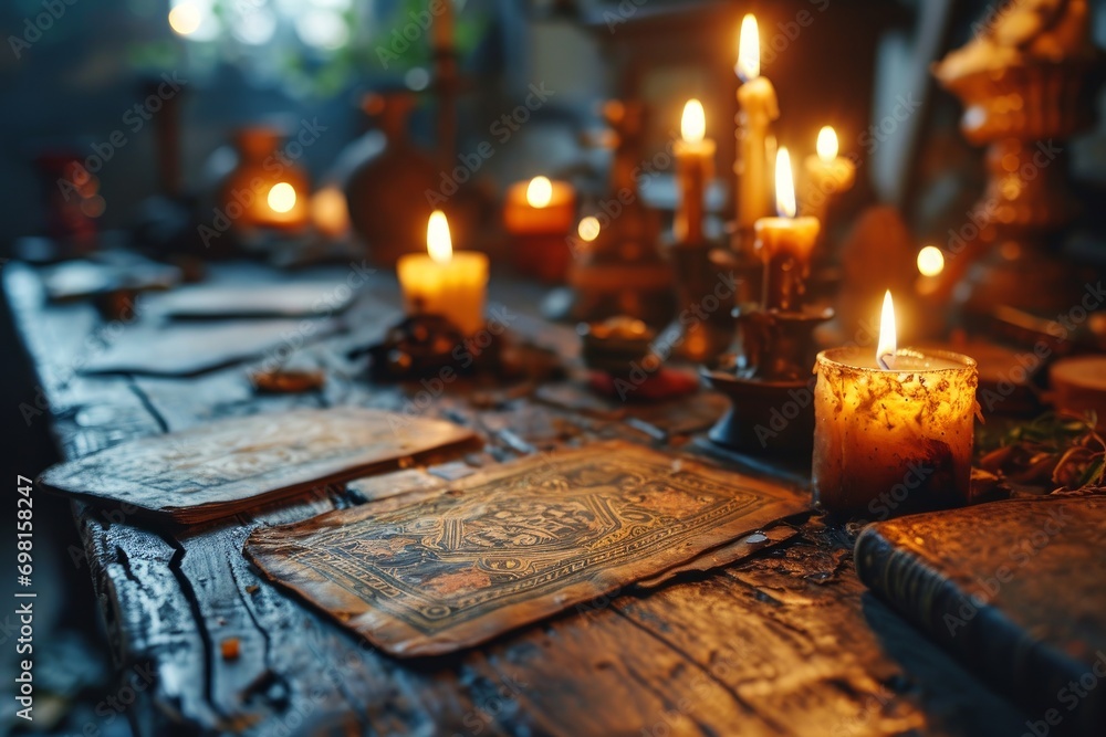  dimly lit scene featuring a rustic table adorned with lit candles, old books, and alchemy paraphernalia - obrazy, fototapety, plakaty 