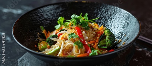 Thai stir-fried vegetables called Pad Pak in a black bowl with a dark backdrop. photo