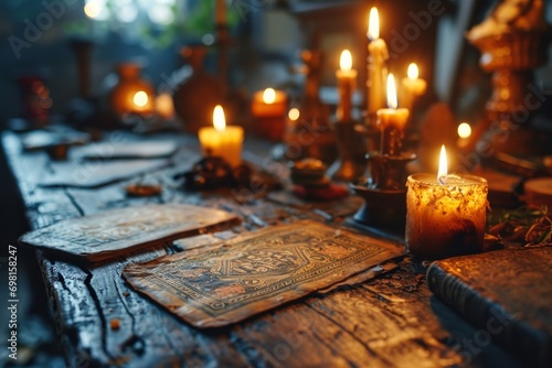  dimly lit scene featuring a rustic table adorned with lit candles, old books, and alchemy paraphernalia