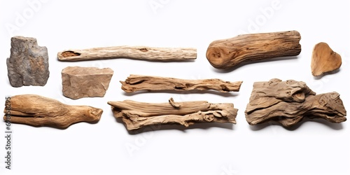 Assorted driftwood on white backdrop. Separated. Cropped.