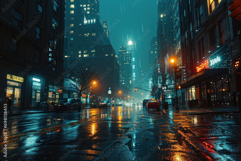Twilight Rain in Cyberpunk Downtown, Nightlife Scene with Blurred Bokeh, Skyscrapers, and Reflective Backgrounds