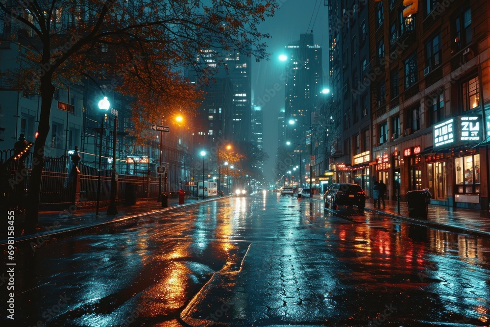 Twilight Rain in Cyberpunk Downtown, Nightlife Scene with Blurred Bokeh, Skyscrapers, and Reflective Backgrounds