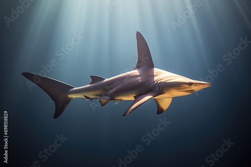 lone shark with distant sunlight filtering down photo