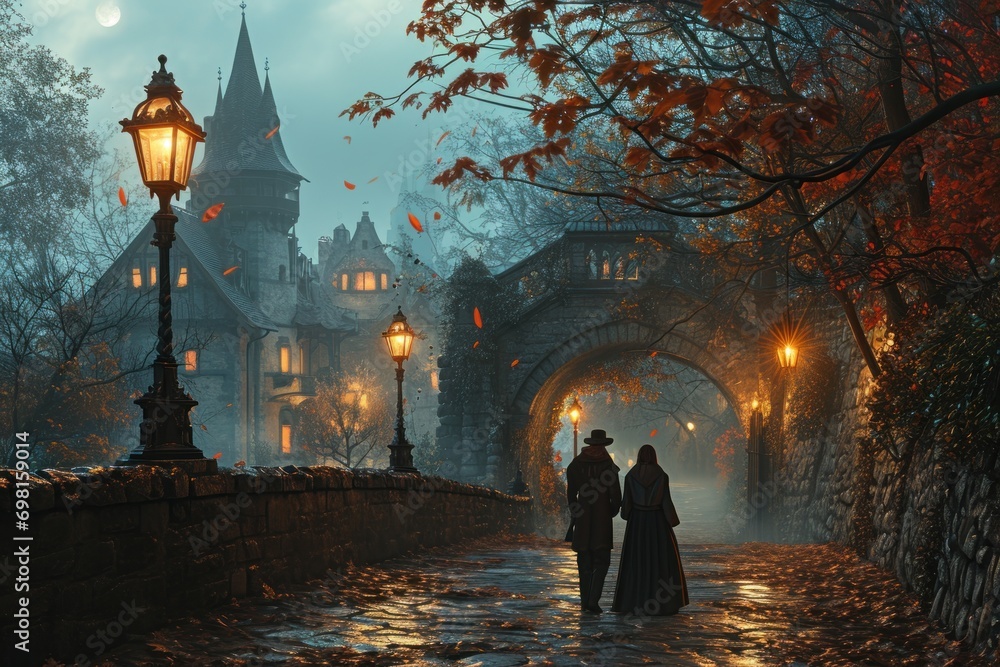 Fototapeta premium serene scene capturing a couple's evening stroll along a snowy street illuminated by warm lamplight