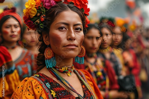 striking portrait of a young woman wearing ethnic festival clothing, with a focused expression amidst a vibrant crowd