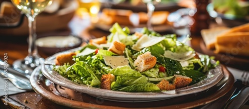 Caesar salad on table. photo