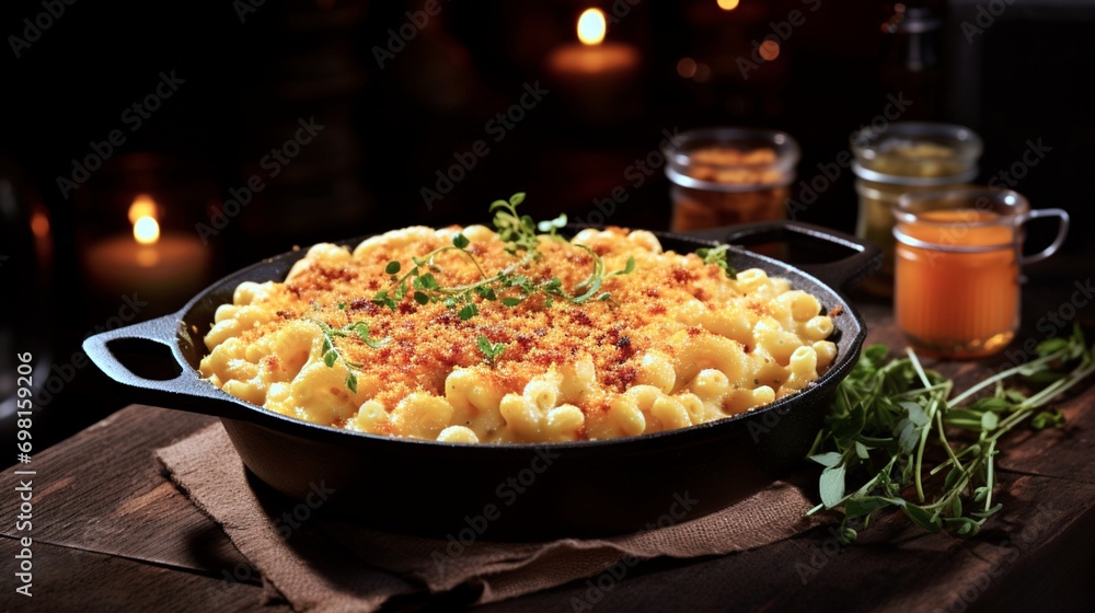 A rustic scene featuring a cast-iron skillet filled with bubbling macaroni and cheese, oozing with melted cheddar and breadcrumbs on top, evoking comfort and indulgence.