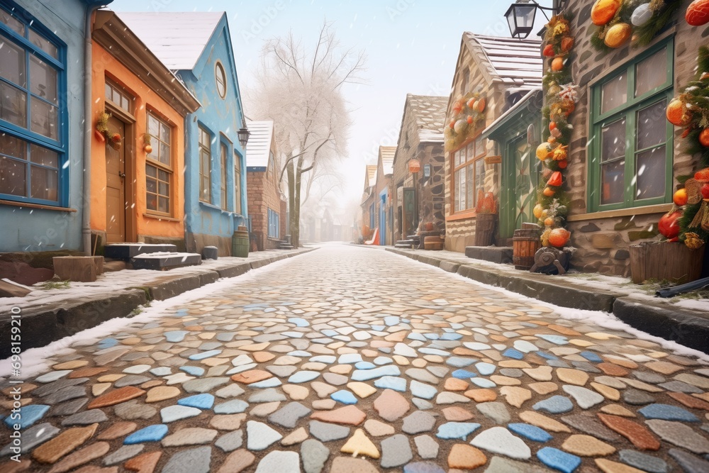 Obraz premium snowflakes on village cobblestone paths