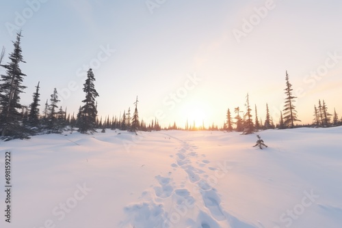 solitary snowshoe path leading off into a distant horizon