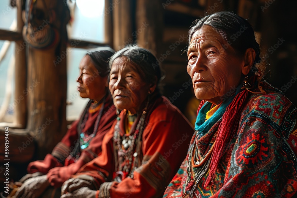 Three senior women dressed in vibrant traditional garments sit together in a wooden cabin, exuding wisdom and cultural heritage Three senior women dressed in vibrant traditional garments sit together in a wooden cabin, exuding wisdom and cultural heritage