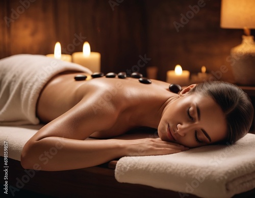 Woman lying down for spa treatment in relaxing candlelit atmosphere, Stone therapy