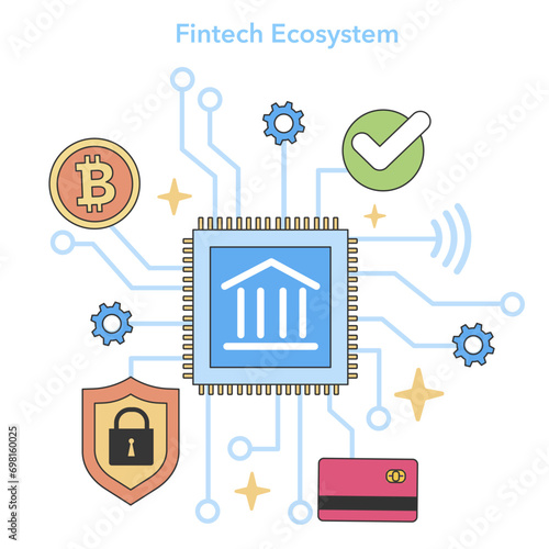 Fintech Ecosystem concept. Integration of banking, blockchain, and cybersecurity. Digital finance innovation with cryptocurrency. Flat vector illustration.