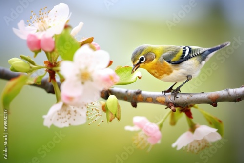 warbler feeding on nectar of peach blossoms