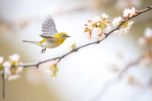 warbler hovering near a hawthorn in bloom