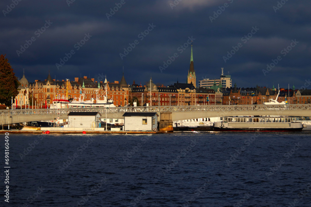 cityscape of Stockholm with dark clouds