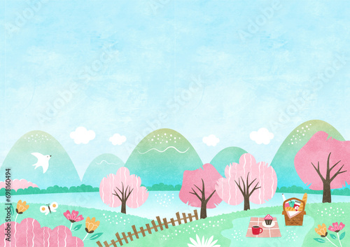 春のお花見の背景イラスト 桜と自然の草花に囲まれた水彩風景