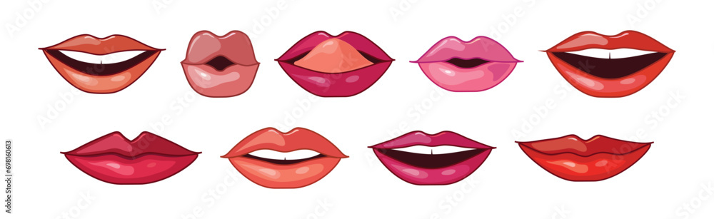 Obraz premium Female Lips Red and Pink Half Open Icon Vector Set