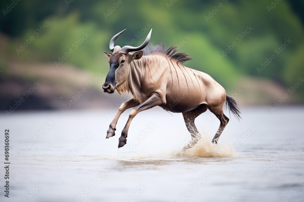 Obraz premium single wildebeest jumping into river