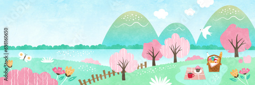 春のお花見の背景イラスト 桜と自然の草花に囲まれた水彩風景